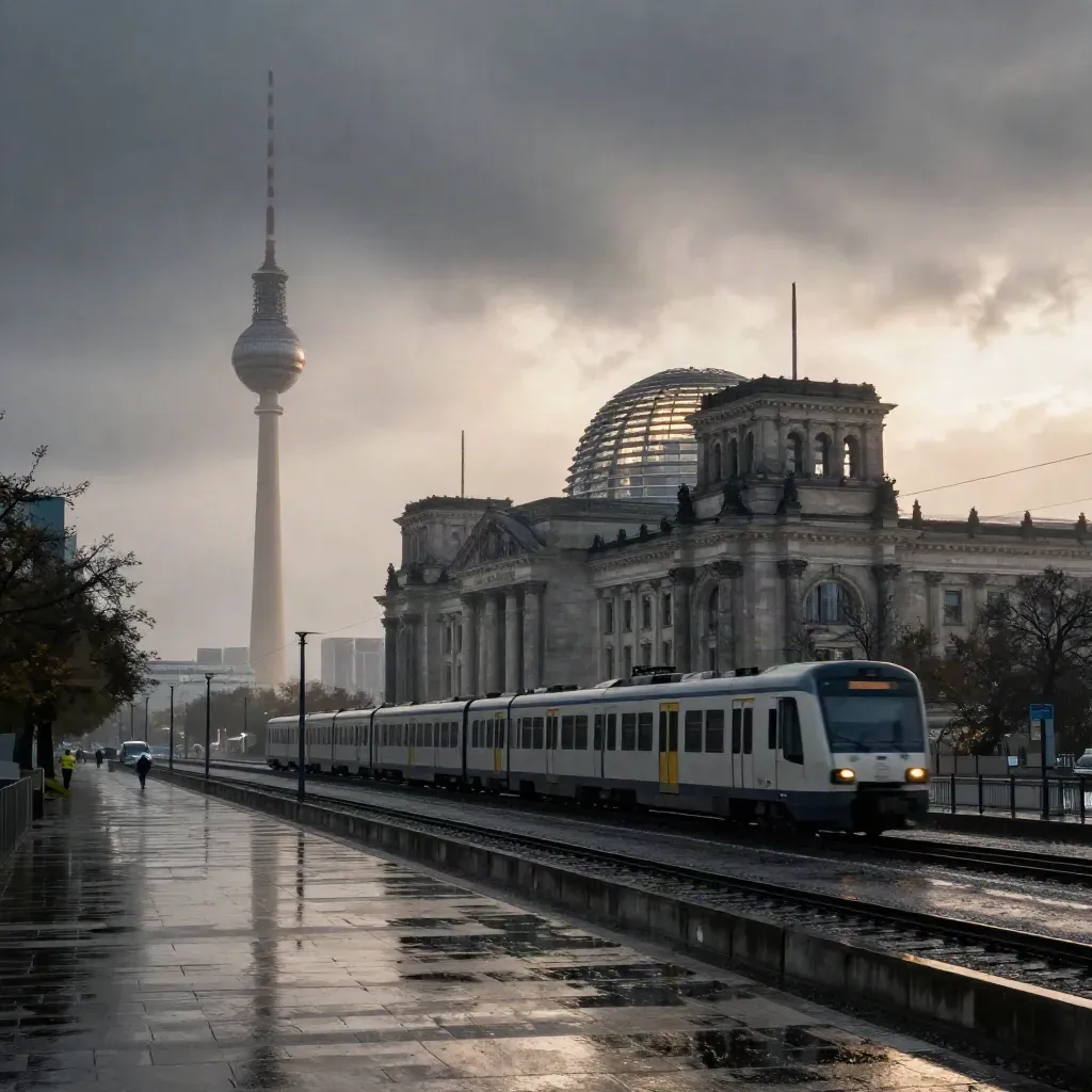 Berliner Morgen nach Regen mit Reichstag, Fernsehturm und Regionalzug unter dunklen Wolken.