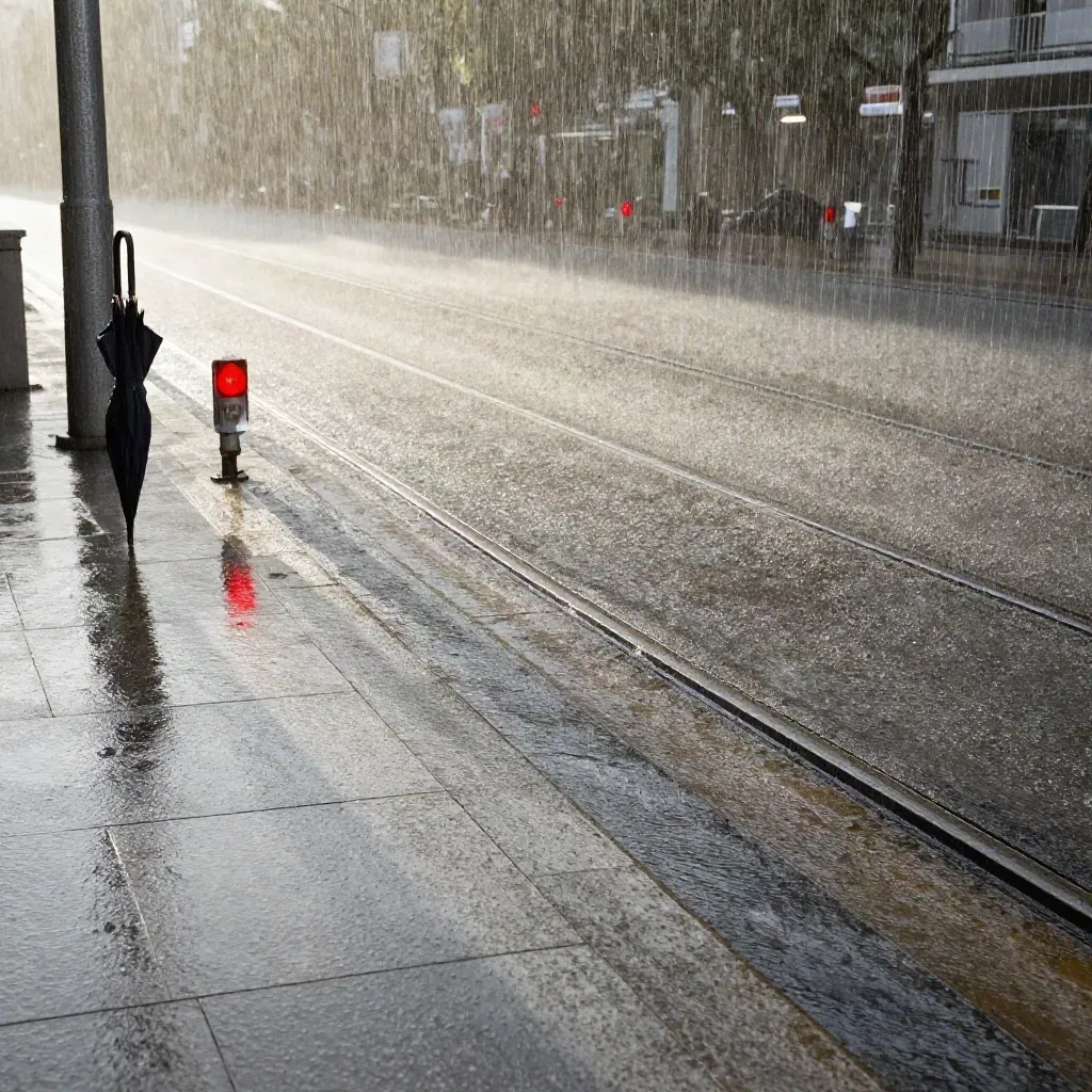 Regen über einem nassen Platz mit Tramgleisen, Pfützen und roten Warnlichtern.