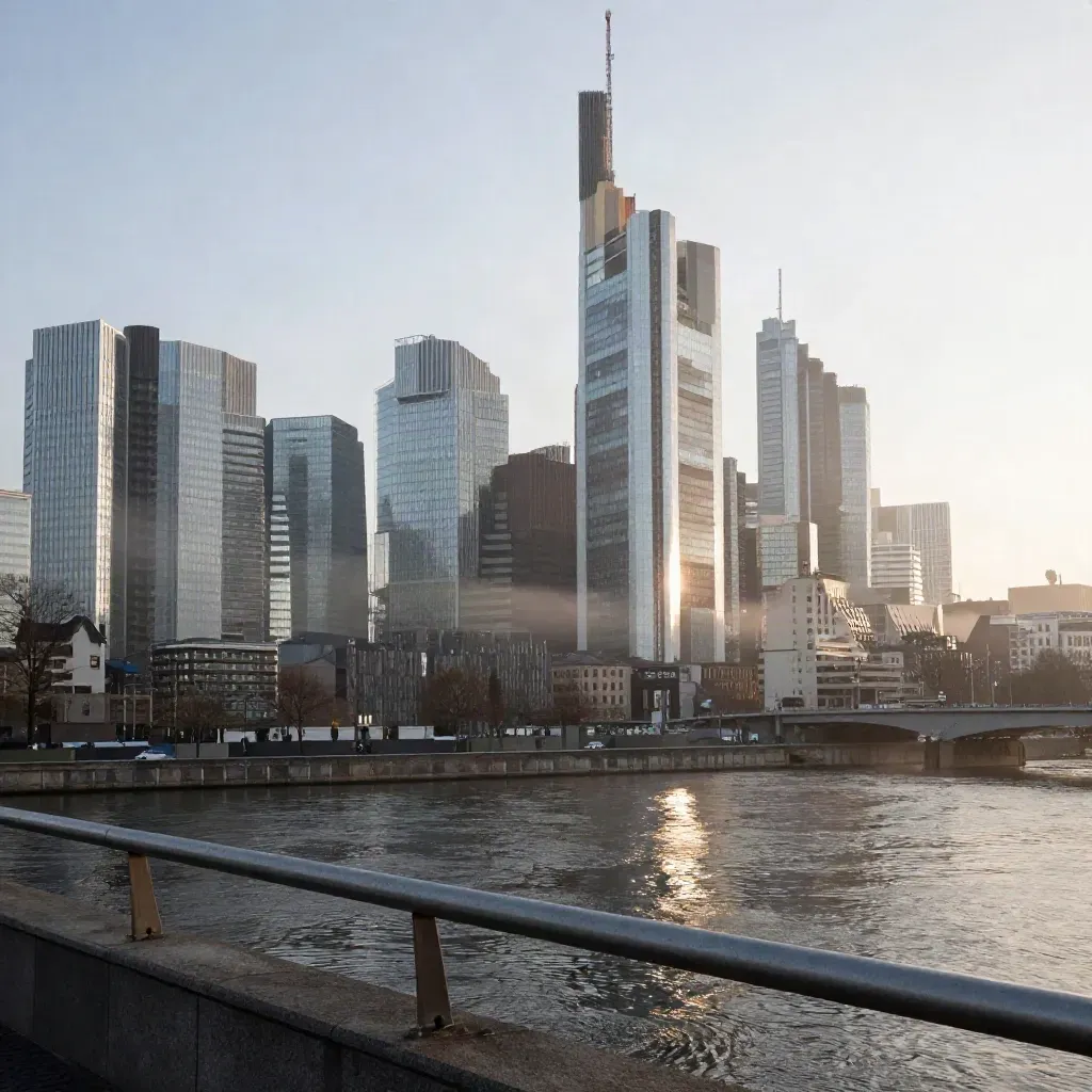Frankfurter Bankenviertel im Morgenlicht über dem Main mit Nebel und Glasfassaden.