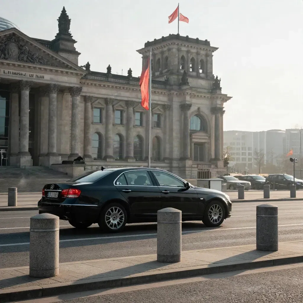 Bundestag-Fassade mit dunkler Limousine und wehenden Fahnen im Morgenlicht