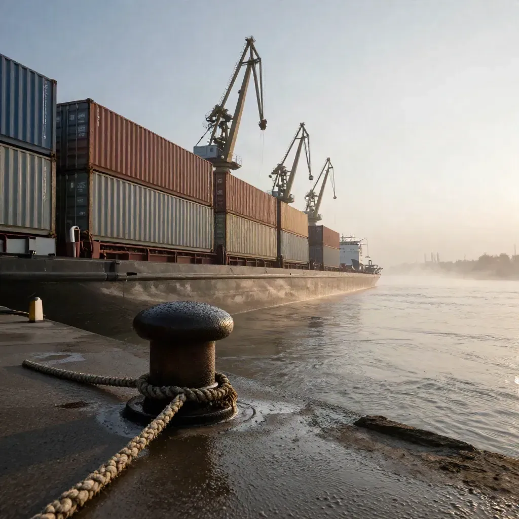 Früher Morgen am Rhein: Containerwand, Schubleichter und Kräne im Nebel vom Kai aus.