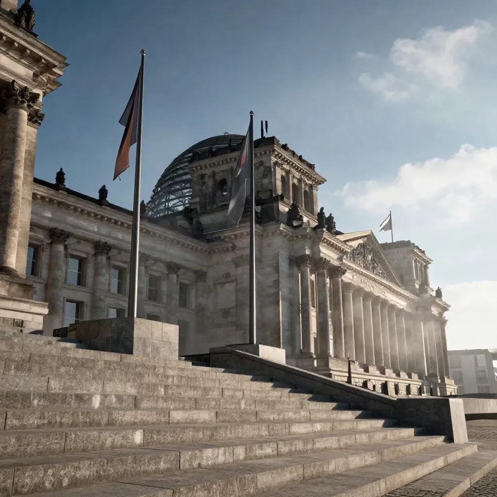 Reichstagskuppel und Steinterrassen im Morgenwind, mit wehenden Fahnen und ziehenden Wolken.