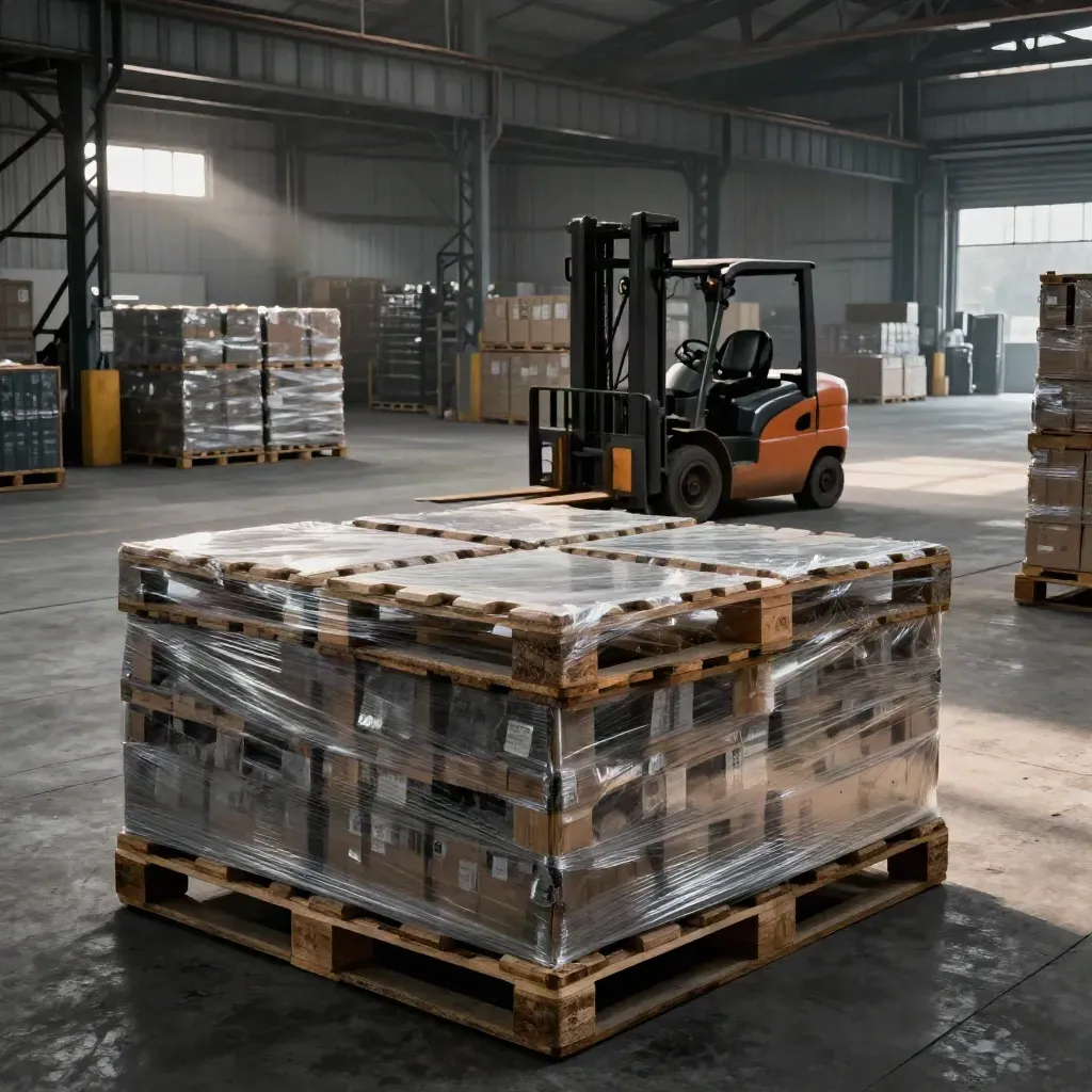 Paletten und Gabelstapler in einer dunklen Logistikhalle mit kaltem Morgenlicht.