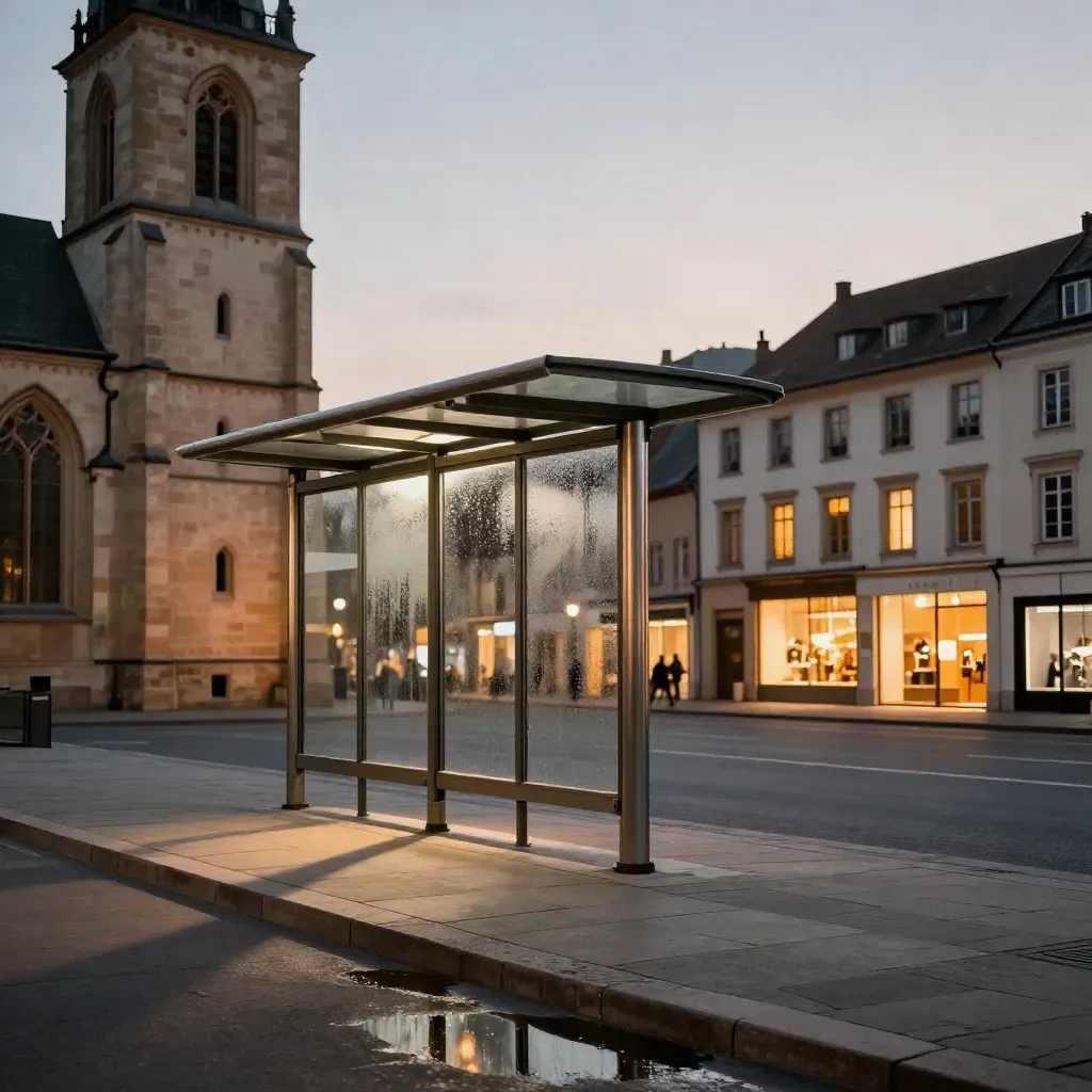 Kleiner deutscher Marktplatz mit Kirchturm, Haltestelle und warmen Fenstern in der Dämmerung
