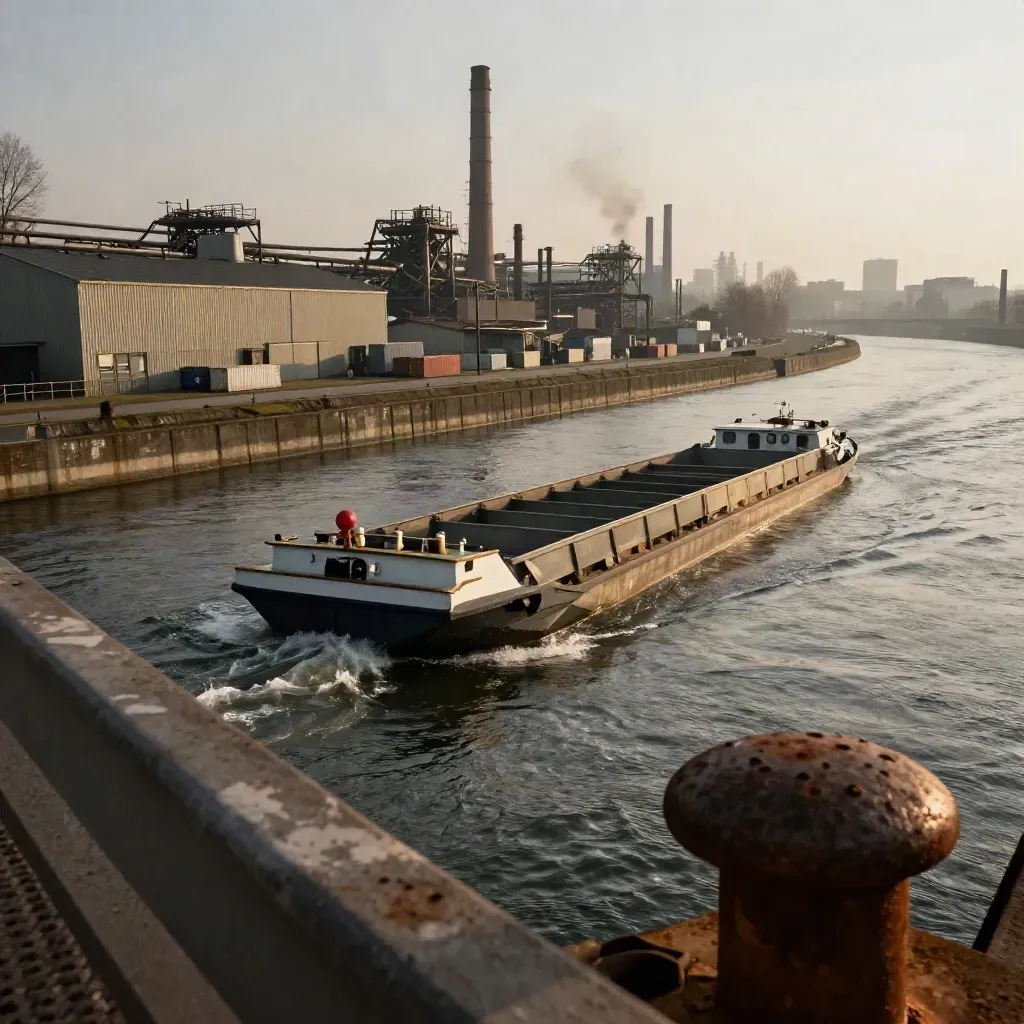 Frachtschiff auf dem Rhein zwischen Werften und Schornsteinen im Dunst