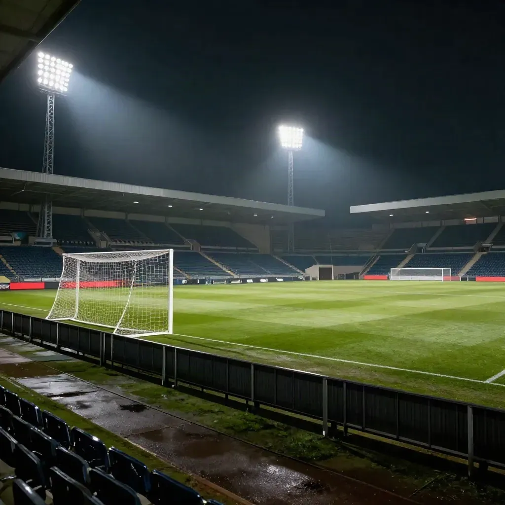 Leeres Fußballstadion bei Nacht, Flutlicht über nassem Rasen und dunklen Rängen.