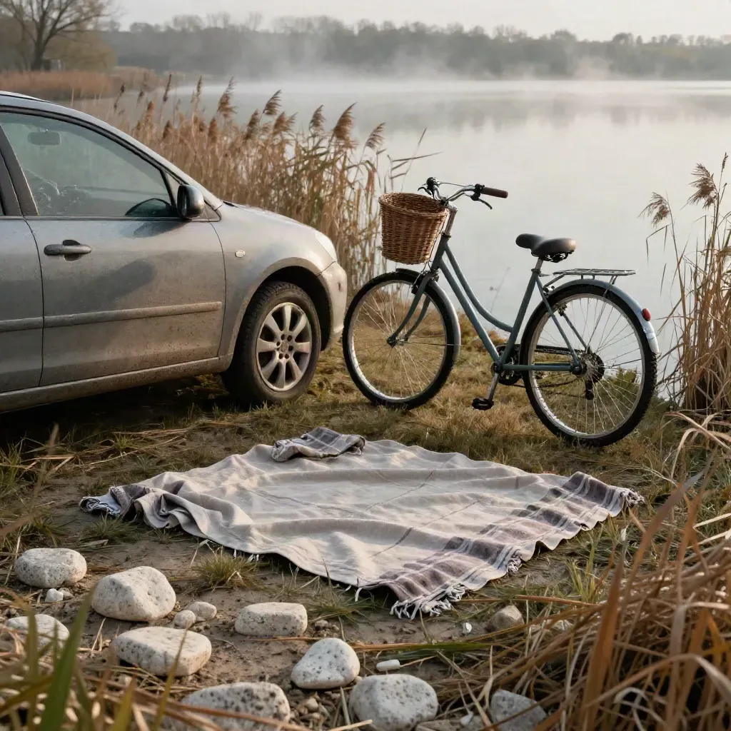Lakeside mit geparktem Auto, Fahrrad, Picknickdecke und Schilf im Morgennebel.