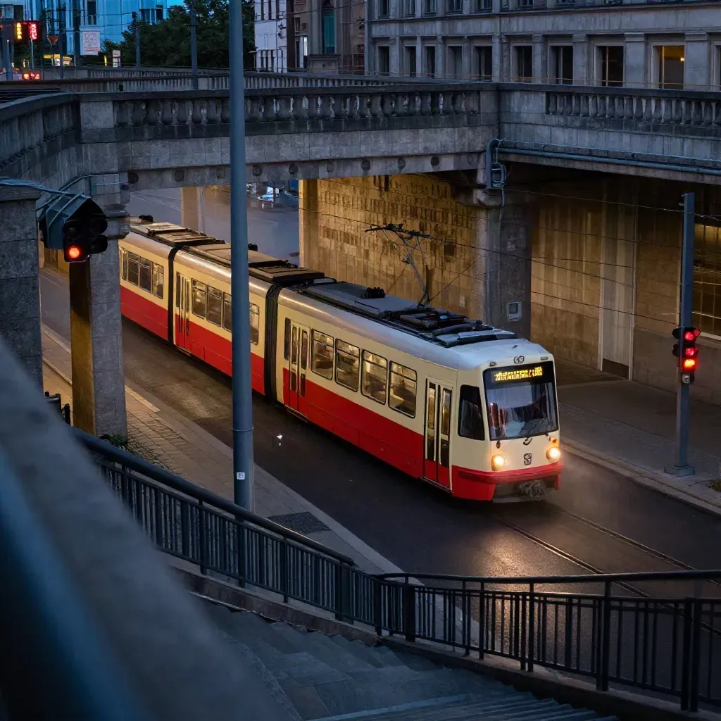 Tram unter Hochbahn in Berlin bei Dämmerung, von oben auf die Kreuzung gesehen.