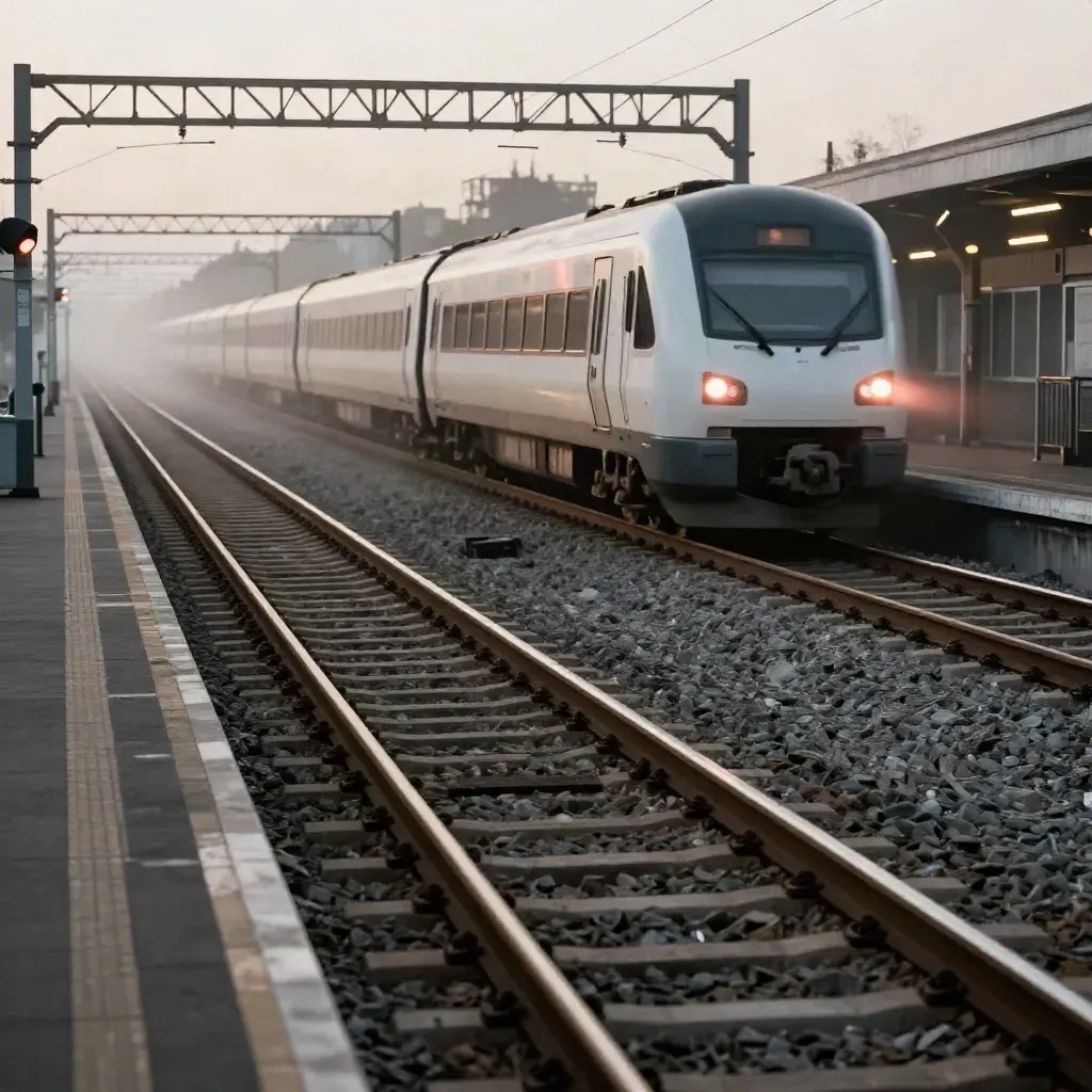 Weiße Regionalbahn rast an Gleisen mit rotem Signal und Bahnsteiglicht vorbei.