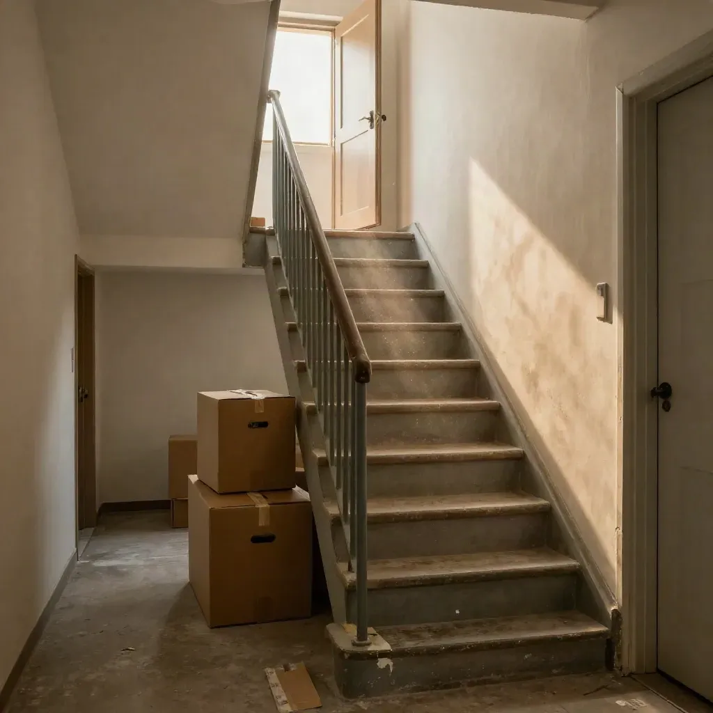 Treppenhaus nach dem Einzug mit Kartons und offenem Türlicht im warmen Spätnachmittag