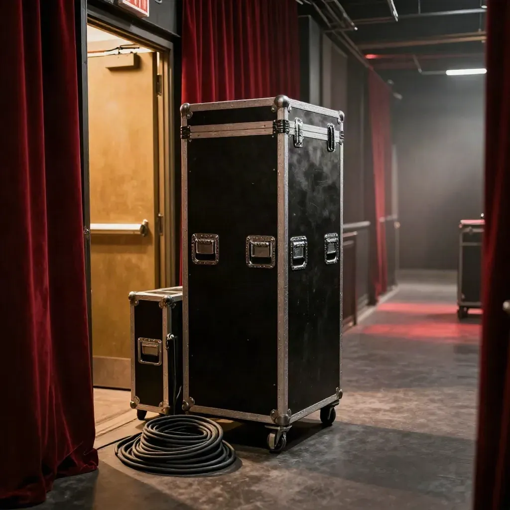 Backstage-Flur eines Konzertsaals mit Roadcase, Vorhang und warmem Licht.