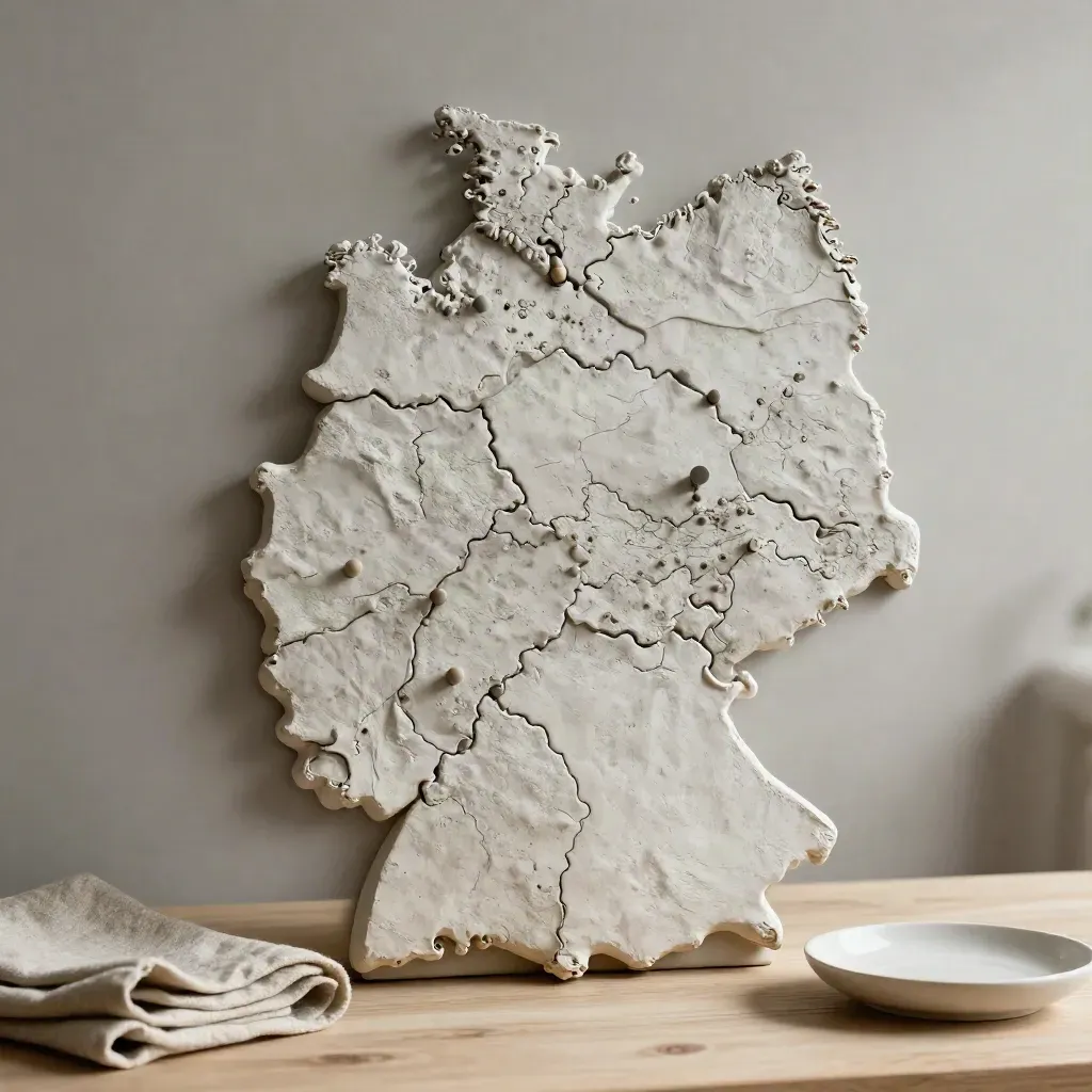 Plastische Deutschlandkarte mit Pins, Leinentuch und Keramikschale auf hellem Holz.