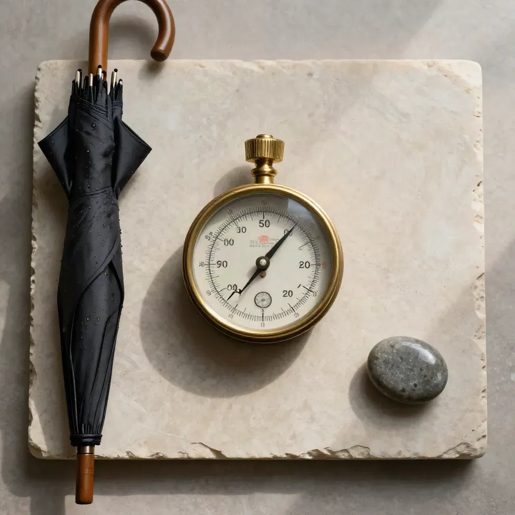 Brassbarometer neben geschlossenem Regenschirm und nassem Kiesel auf hellem Stein.