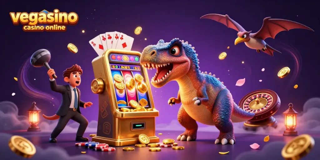 Experience the excitement of vegasino casino online with cartoon dinosaurs and vibrant gaming elements.