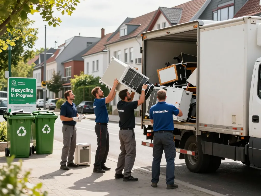 Schrotthändler-Team lädt Schrott in einen Lkw in städtischer Umgebung