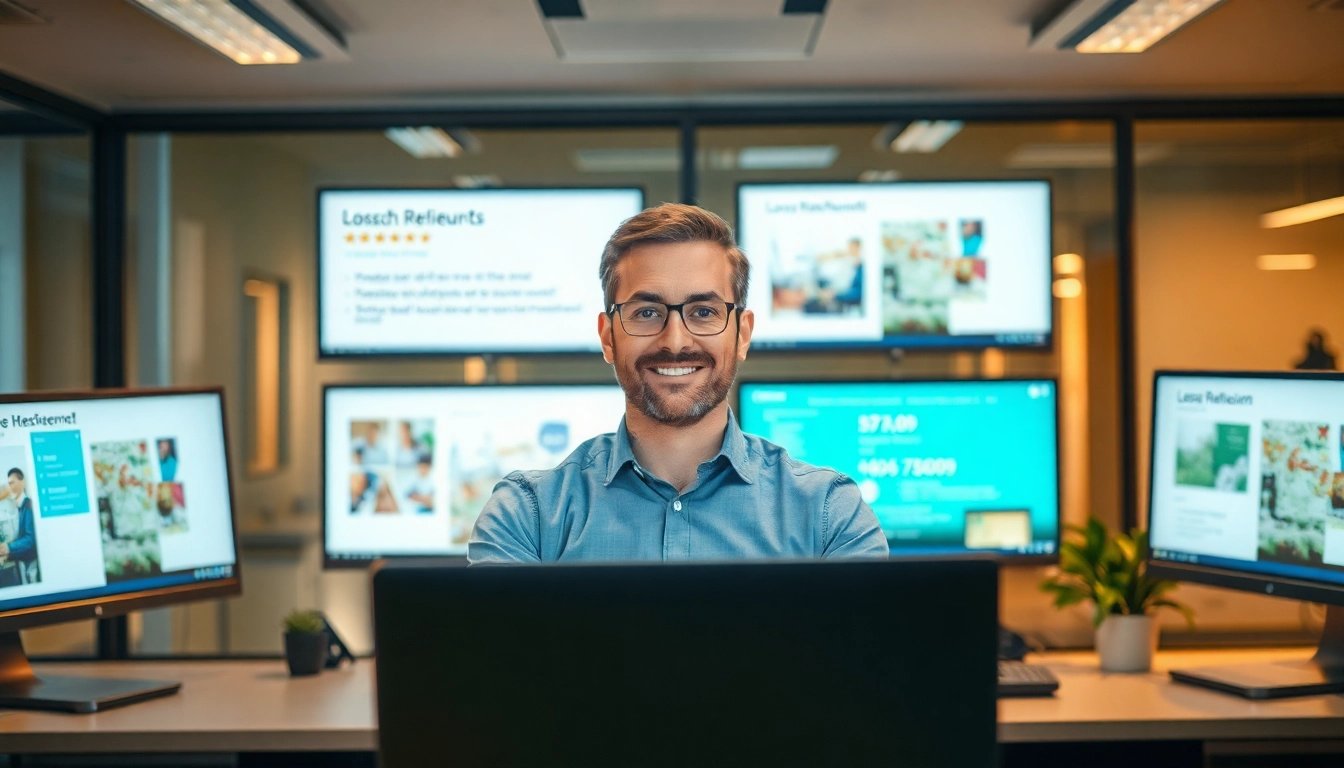Professioneller Löschdienstmitarbeiter analysiert positive Bewertungen am Computer.