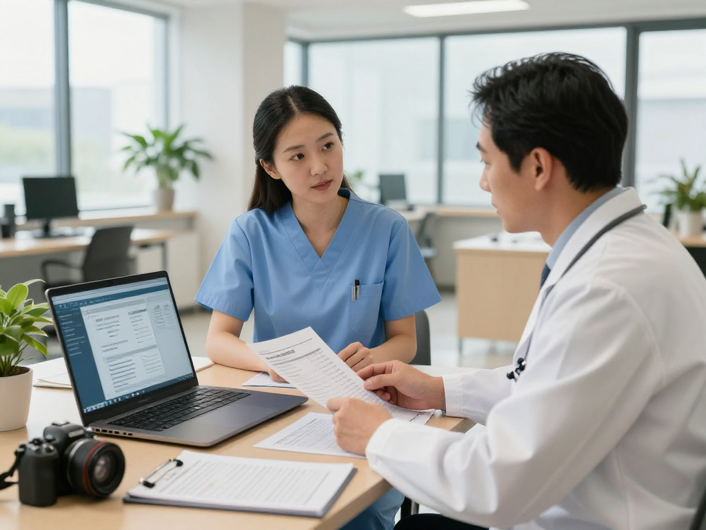 Datenschutz im Gesundheitswesen Arzt: Arzt und Pflegekraft besprechen Sicherheitsprotokolle in Praxis
