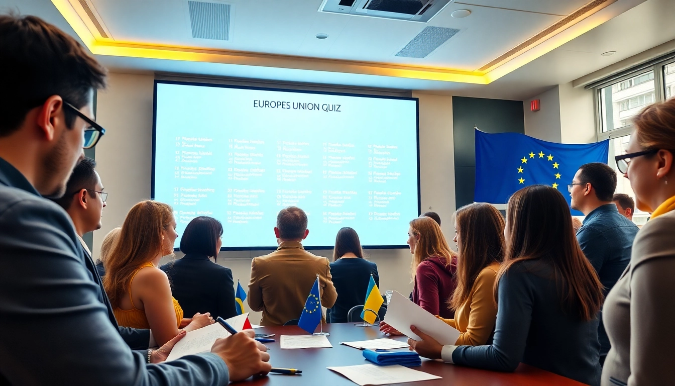 Wissen über die EU testen in einem spannenden Quiz-Setting mit Teilnehmern, die aktiv diskutieren.