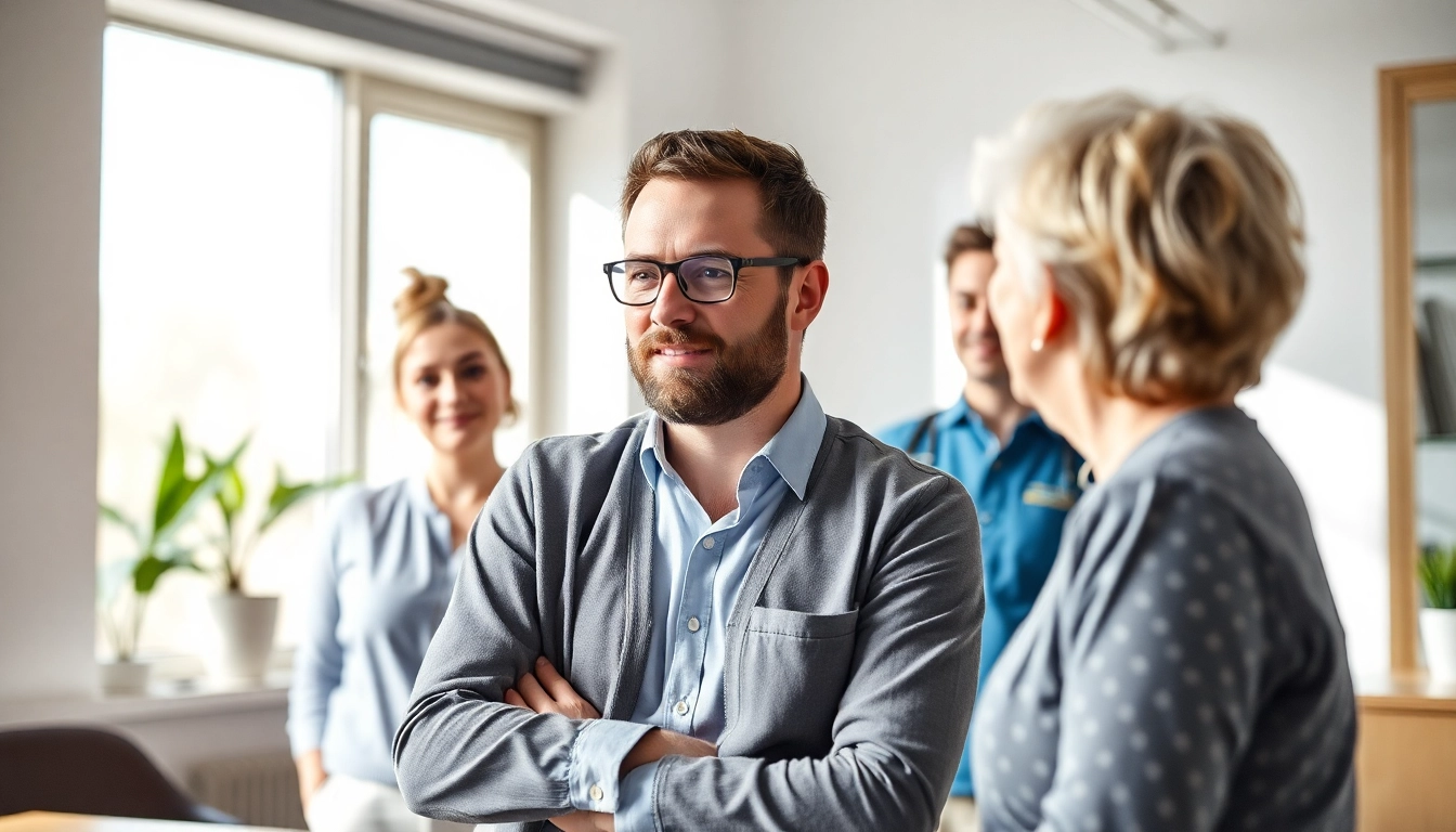 Unternehmensberatung Pflegedienst zeigt einen Berater im Gespräch mit Pflegekräften.