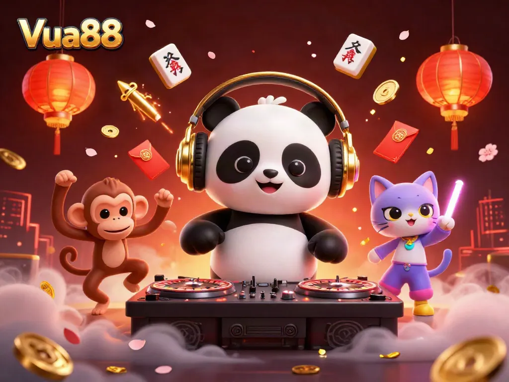 Experience the thrill of Vua88 with vibrant casino elements and lively characters in a colorful illustration.