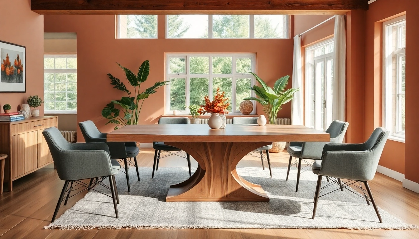 Hochwertiger Esstisch Eiche mit markanter Baumkante in einem stilvollen Wohnzimmer-Setting.