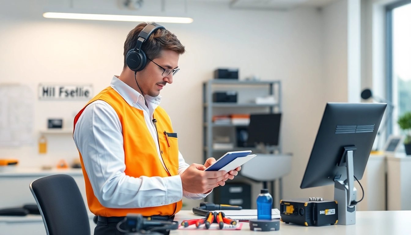 Technician performing Prüfung ortsveränderlicher elektrischer Betriebsmittel using advanced safety equipment.