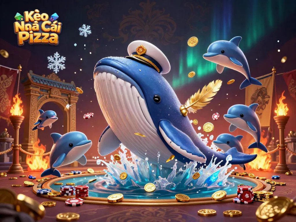 Kèo Nhà Cái Pizza showcases a lively scene with a whale and dolphins amidst gold coins and casino elements.