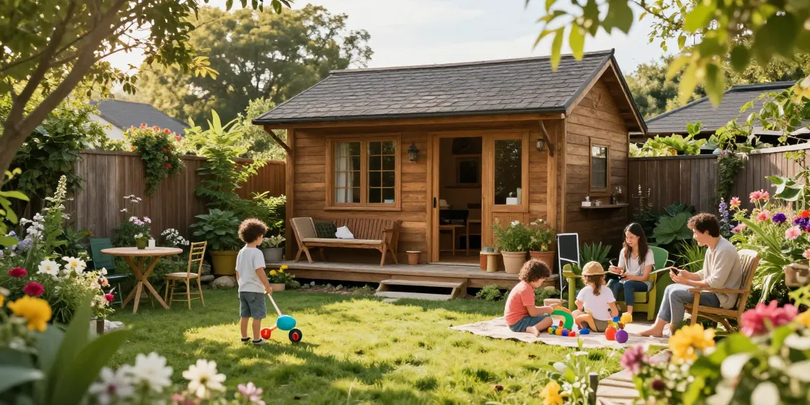Gemütliches Gartenhaus aus Holz im Garten mit Familie, sonnigem Licht und blühenden Pflanzen.