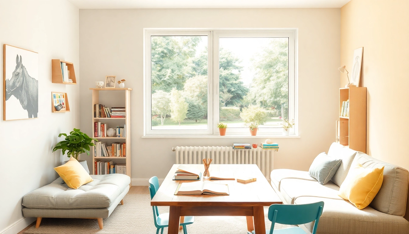 Gestalten Sie einen inspirierenden Lernraum für Heimunterricht mit hellen Farben und vielfältigen Lernmaterialien.