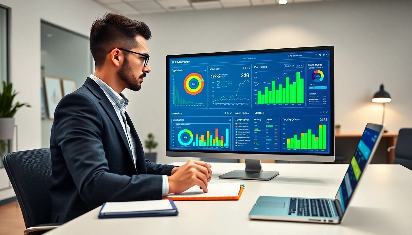 SEO Tipps für effektive Online-Strategien in einem modernen Büro-Setting analysieren.