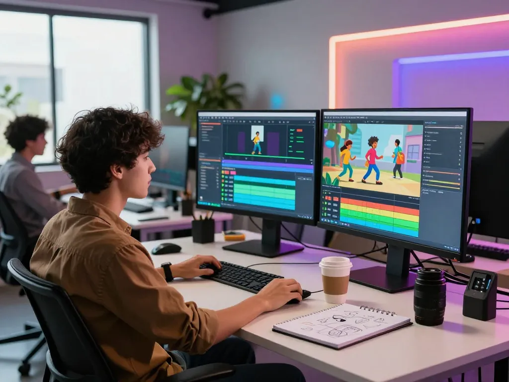 Motion control workspace with animated graphics and tech equipment showcasing innovative video production techniques.