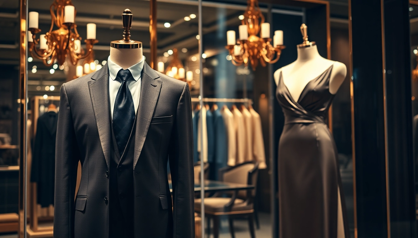 Alvionz showcases an elegant evening gown and tailored suit in a luxury fashion boutique.