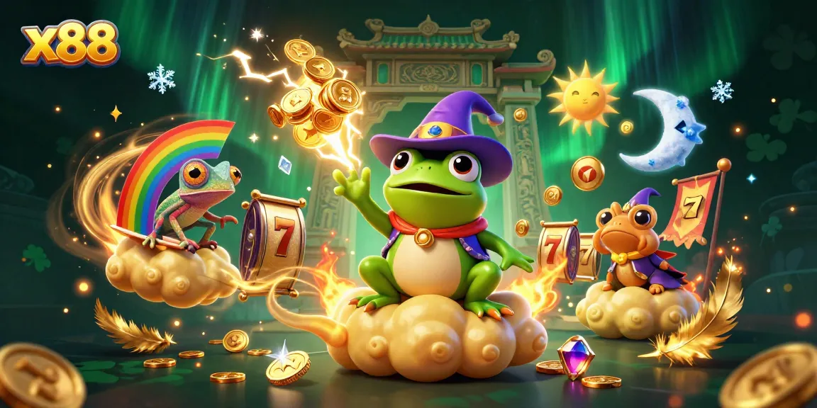 Experience x88 as the weather wizard frog conjures golden coins amidst a vibrant, dynamic casino environment.