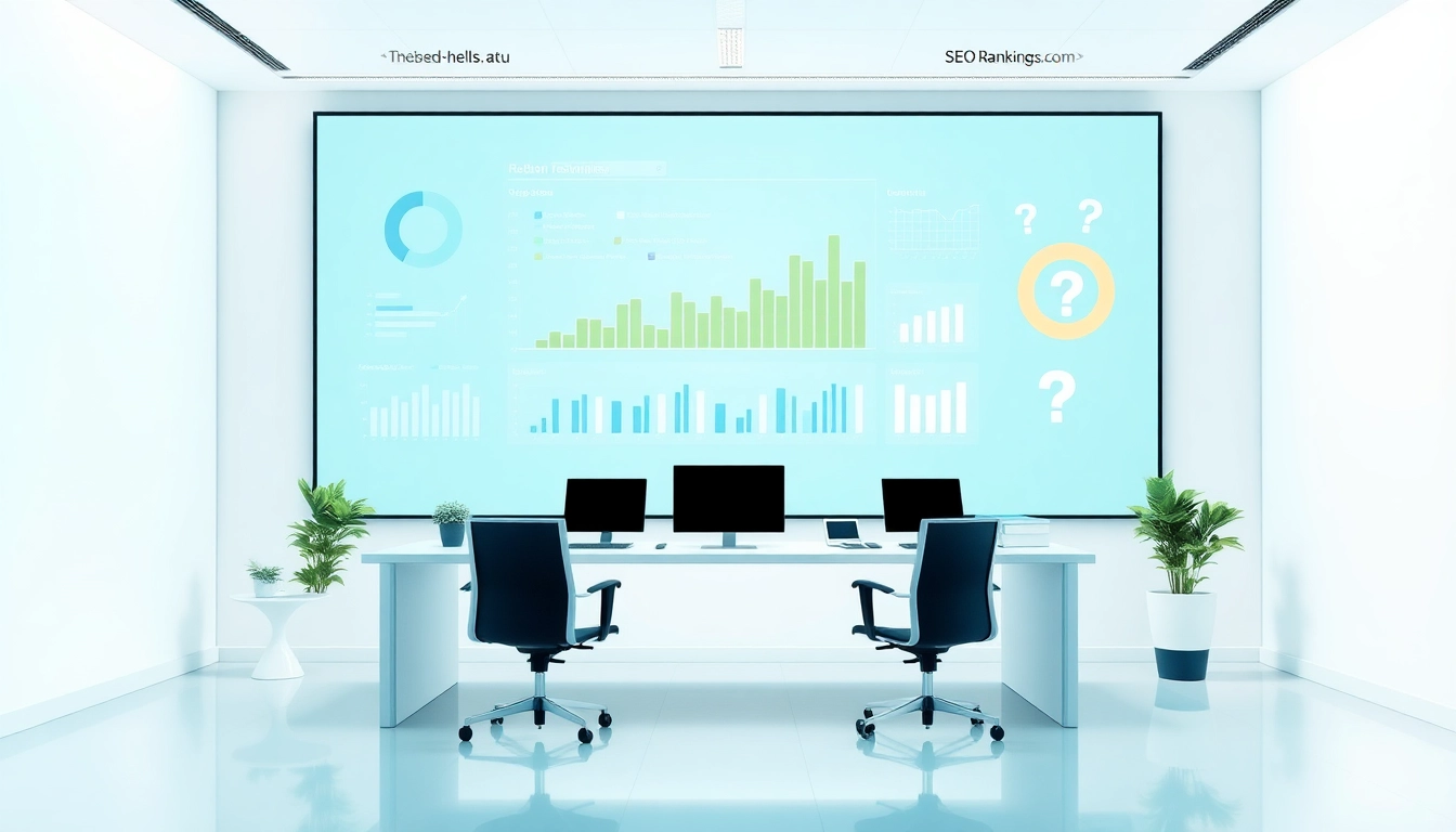 Visualisieren Sie den Effekt von SEO-Ranking durch ein modernes Büro mit innovativen Grafikdarstellungen.