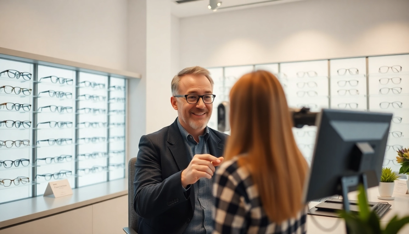 Optometrist performing a Sehtest Nürnberg with new glasses in a welcoming office environment.
