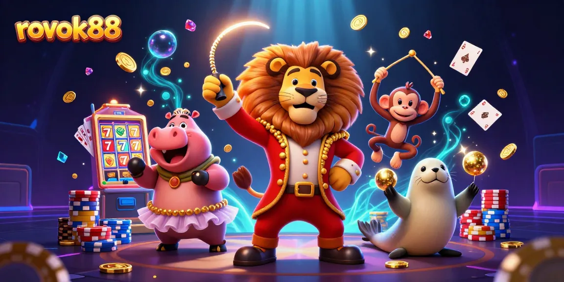 Engage with rokok88's vibrant casino world featuring a lively circus theme with characters and slot machine.