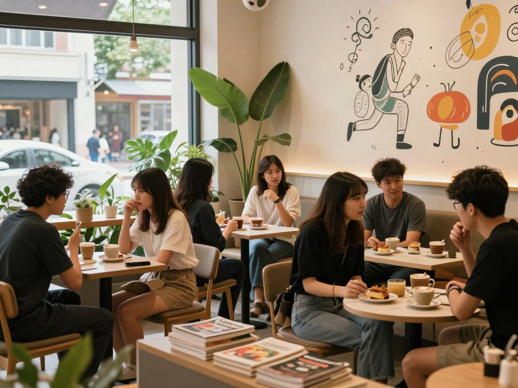 Social gathering at a café showcasing rokok88 lifestyle with coffee, conversation, and cozy decor.