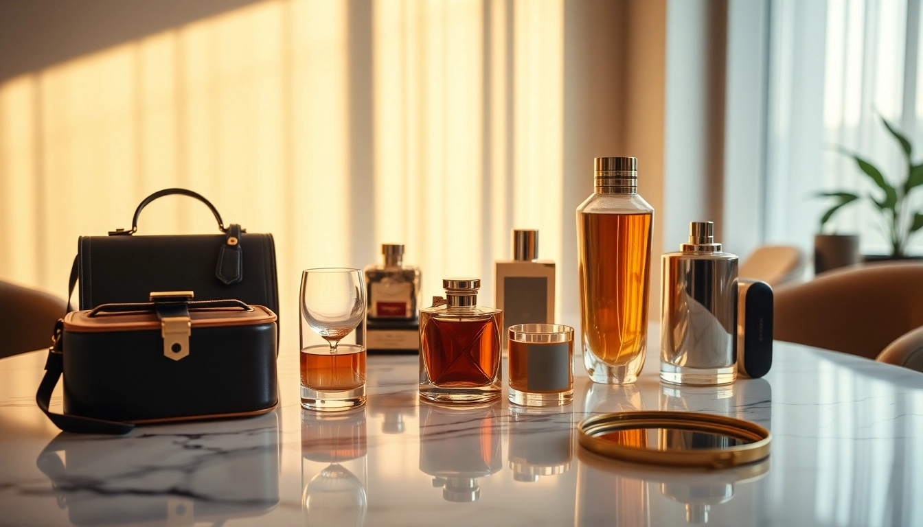 Luxury set of elegant accessories displayed on a marble table highlighting opulence.