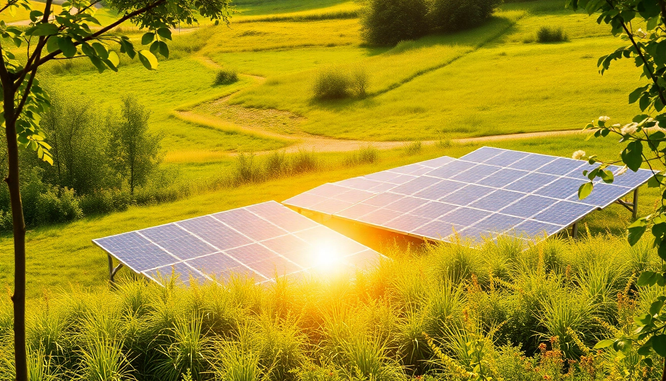 Klima-Initiativen zeigen nachhaltige Energienutzung in einer lebendigen Landschaft.
