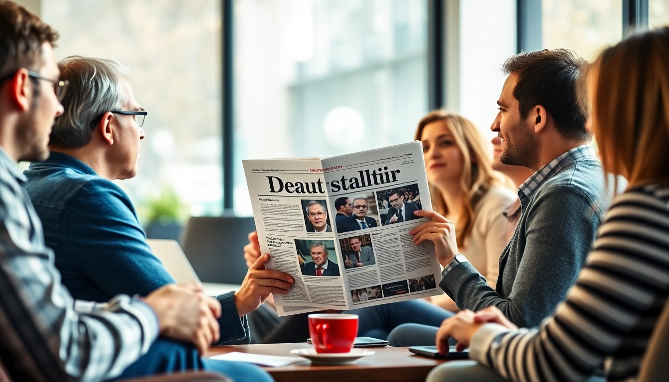 Capture a vibrant discussion on Deutschland Politik News featuring diverse individuals with a newspaper in hand.