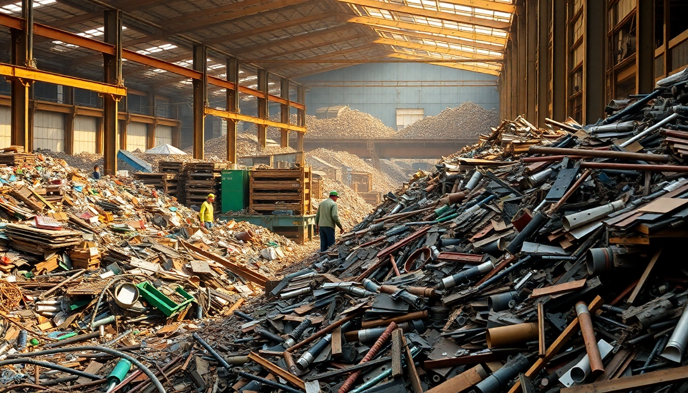 Workers sorting scrap at Schrottplatz Remscheid, showcasing a vibrant metal recycling environment.