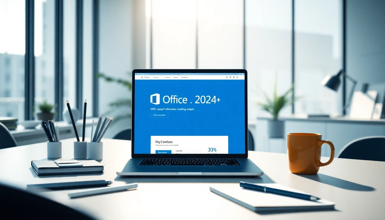 Visualize the Microsoft Office 2024 Professional Download webpage on a laptop in a modern workspace.