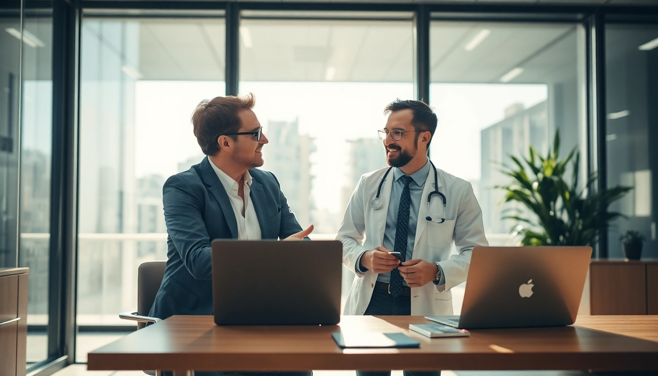 Headhunter Gesundheitswesen interviewt einen Arzt in einem modernen Büro.