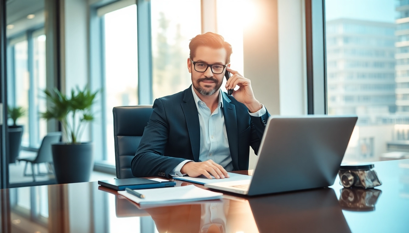 Headhunter im modernen Büro spricht in sein Telefon und arbeitet am Laptop.