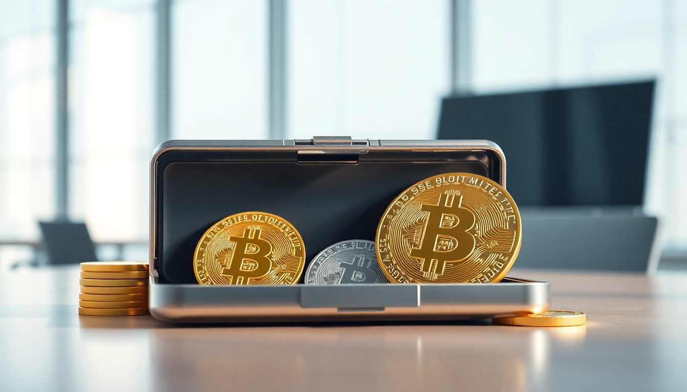Bitcoin-Preis USD in einem modernen digitalen Wallet mit glänzenden Münzen.