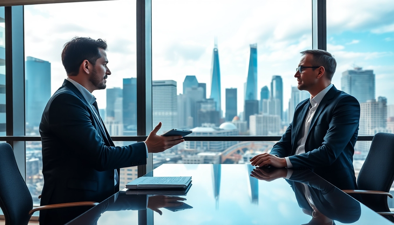 Professioneller Headhunter Frankfurt berät Kandidaten im urbanen Büro mit Skyline-Aussicht.