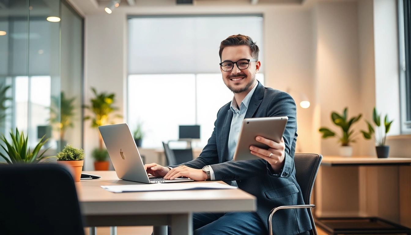 Headhunter IT bei der Arbeit, effizient im modernen Büro mit Laptop und Tablet.