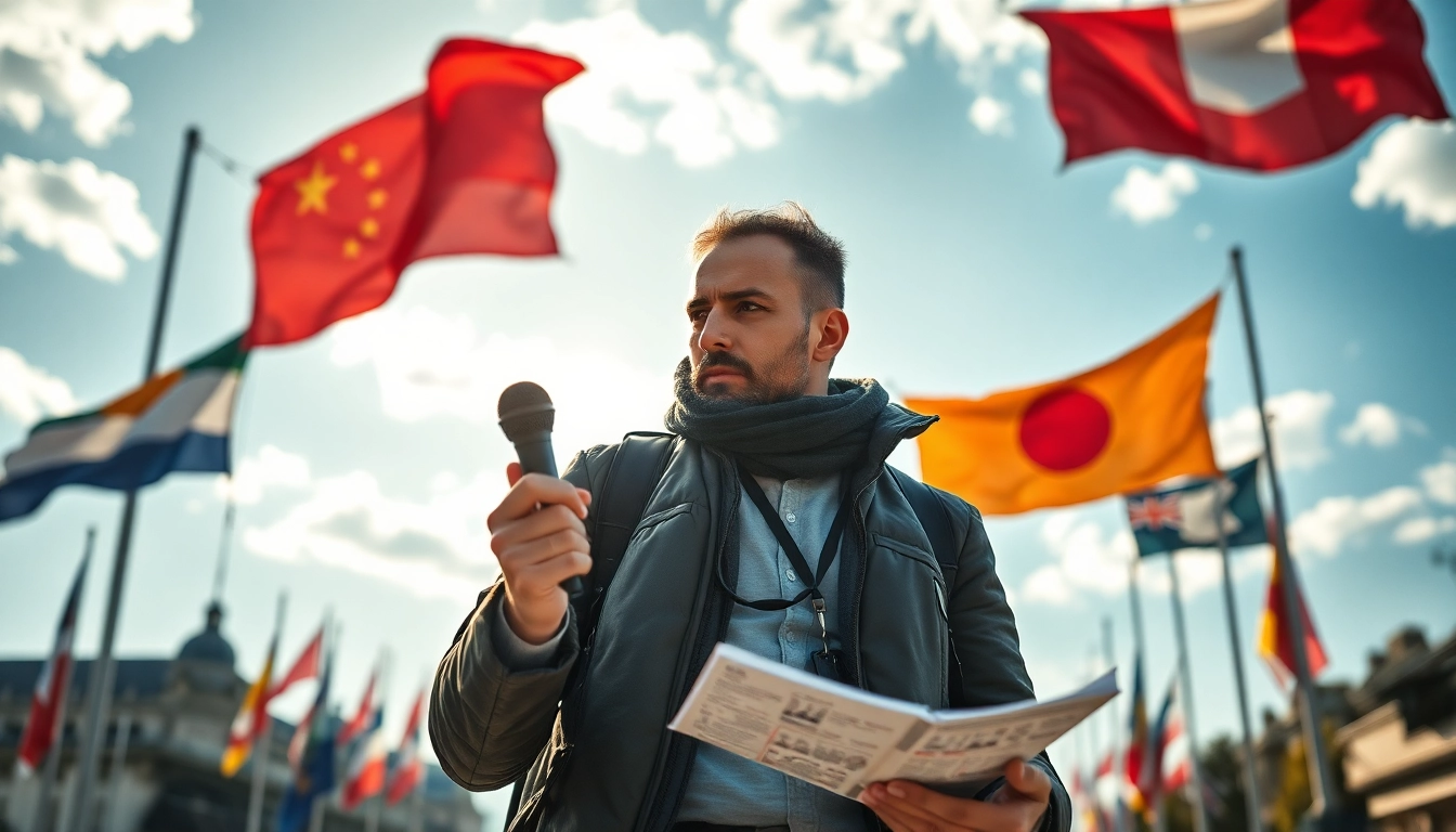 Journalist am internationalen Nachrichtenstand mit Mikrofon und Notizen.