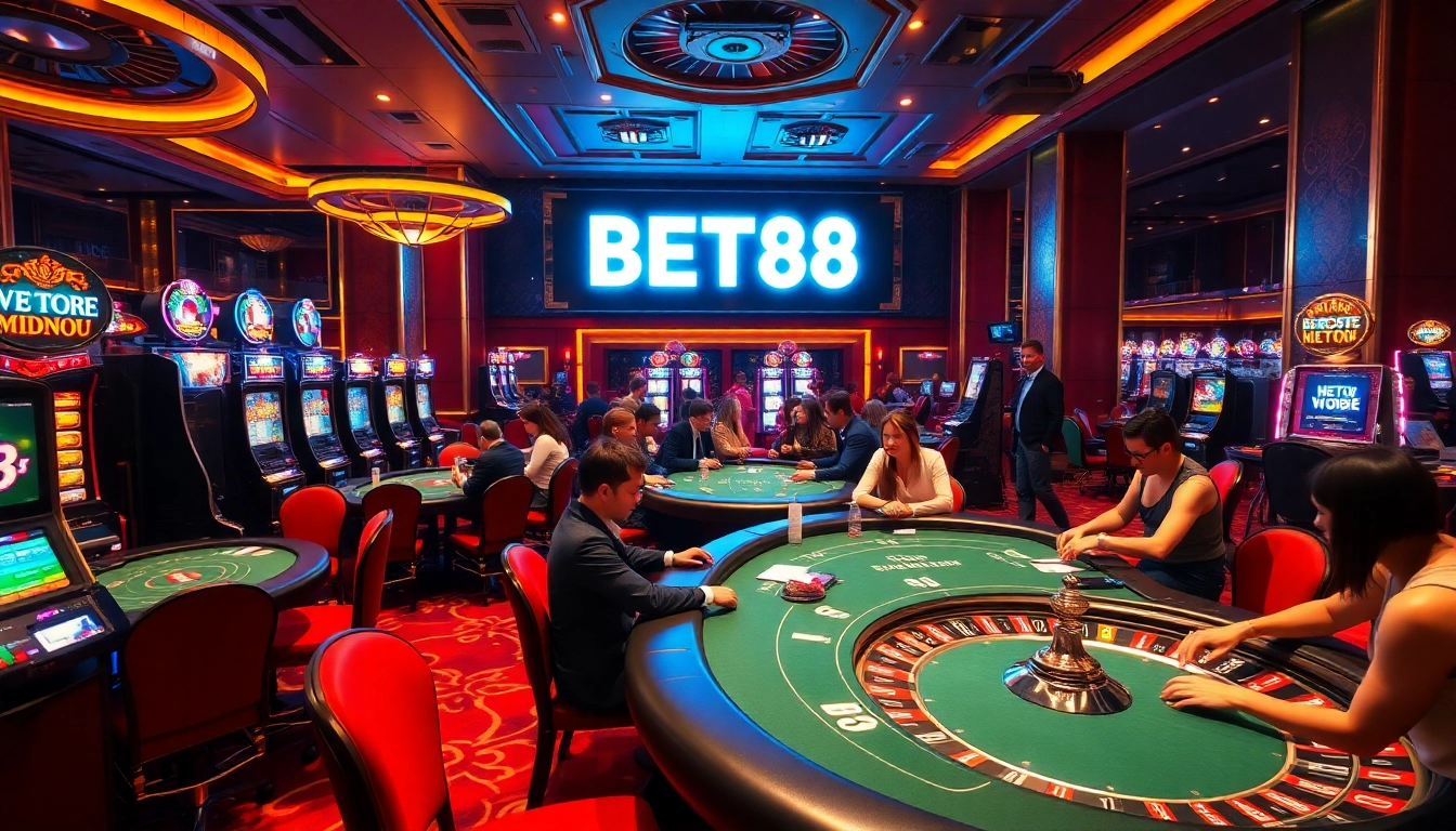 BET88 casino scene featuring excited players at poker tables and slot machines.