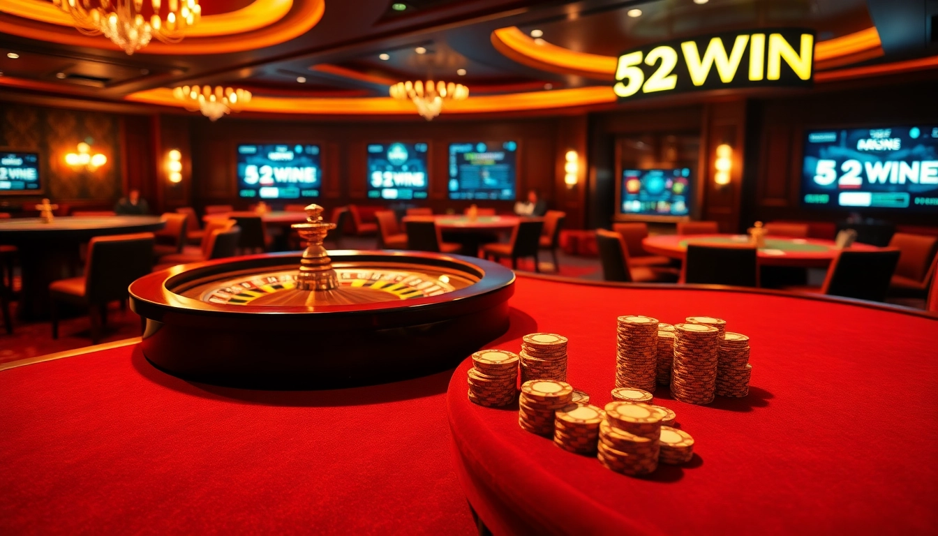 A vibrant casino scene showcasing the 52WIN roulette wheel and poker table with luxurious chips and inviting atmosphere.